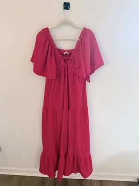 Rhea & Thea Red Woven Textured Flutter Sleeve V-Neck Tiered Maxi Dress-Size M